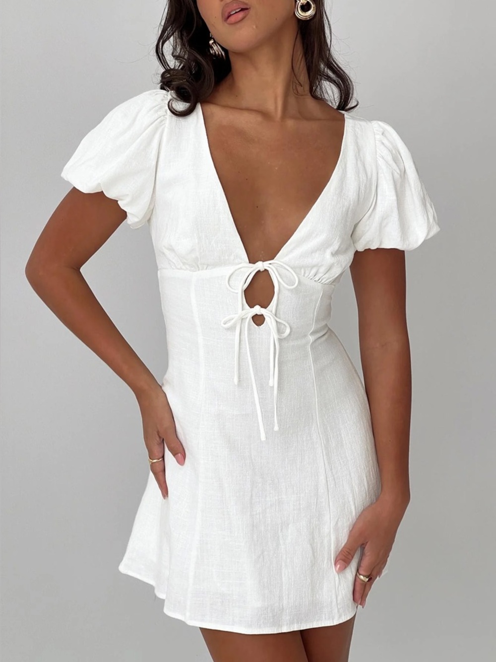Princess Polly Beloved Puff Sleeve Linen Blend Mini Dress White